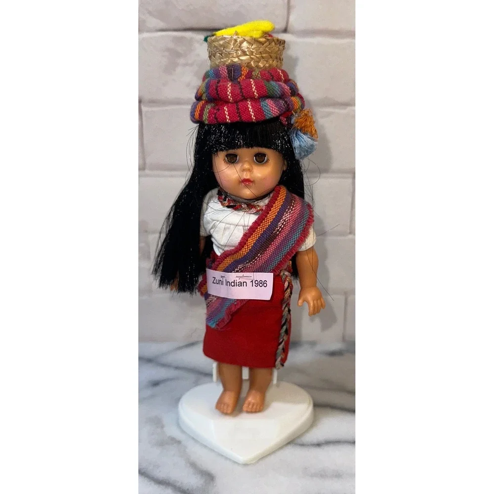 Vintage 1986 Zuni Indian Souvenir Doll Woven Sash Fruit Basket Heart Stand 8in